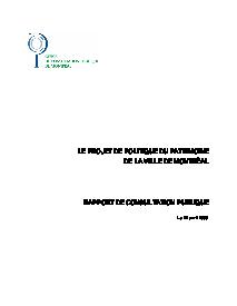 Couverture du rapport - Projet de Politique du patrimoine de la Ville de Montréal